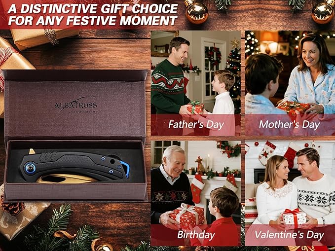 Unique Valentine‘s Gift Gold Blade Pocket Knife 3.3” Gold D2 Steel Black Aluminum &amp G10 Handle Fast-Open Thumb Hole Gift Case