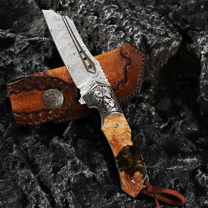 Japan Handmade Damascus steel steel Folding Pocket Knife3.5 in High hardness bladeFrame LockWith Leather Sheathresin and Maple handleMountaineering go fishing hunting Adventure Knifee