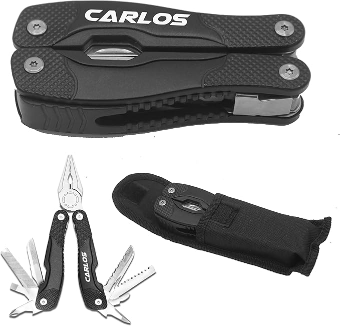 Custom Personalized Black Multi Tool with Sheath and Belt Loop - 13 Functions including Pliers Screwdriver Can Opener Bottle Opener