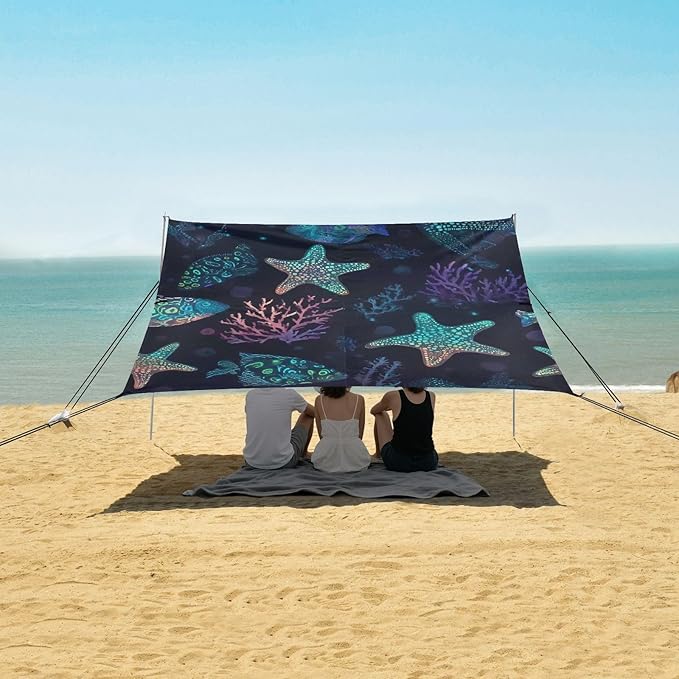 ALAZA Fluorescent Starfish Coral Beach Tent Sun Shelter UPF50+ Protection Beach Shade Canopy w/ 4 Sandbags for Outdoor Camping Fishing Backyard Fun Picnic 10x9 ft