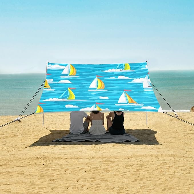 xigua Sailboat Beach Tent Sun Shelter with Carrying Bag - Silver Coated Oxford Fabric Beach Canopy for Beach Camping Fishing - Includes Windproof Ropes Sandbags &amp Stakes