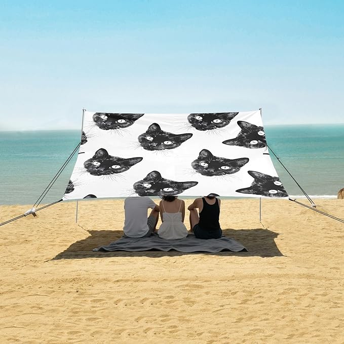 ALAZA Black Cats Heads Pattern Beach Tent Sun Shelter UPF50+ Protection Beach Shade Canopy w/ 4 Sandbags for Outdoor Camping Fishing Backyard Fun Picnic 10x9 ft