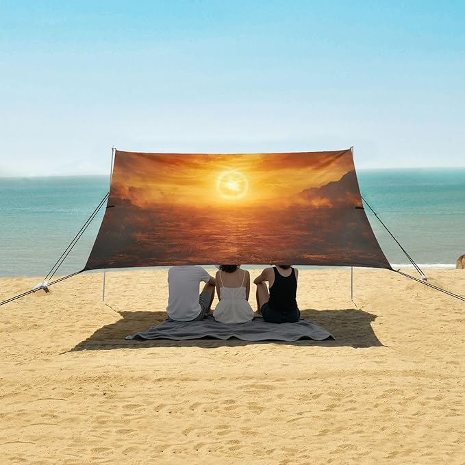 Twilight Oil Painting Beach Tent Sun Shelter Set UPF50+ UV Protection 10.5 x 9.19 FT Camping Shade Canopy with Sandbags Sand Anchors Carrying Bag and Others