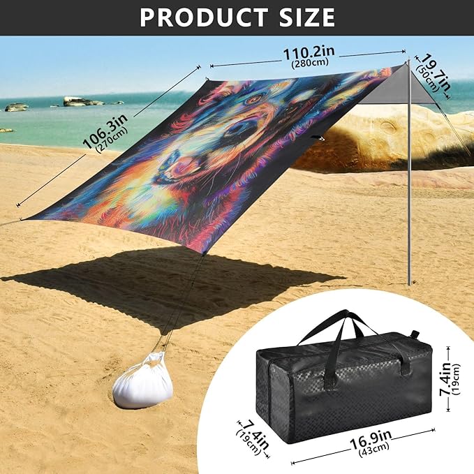 ALAZA Dog Crayon Drawing Beach Tent Sun Shelter UPF50+ Protection Beach Shade Canopy w/ 4 Sandbags for Outdoor Camping Fishing Backyard Fun Picnic 10x9 ft