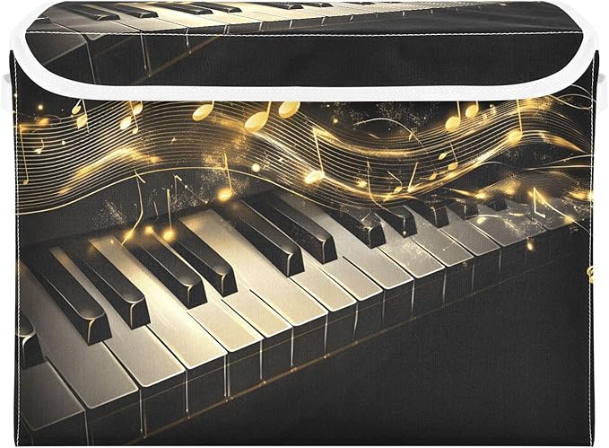 Foldable Storage Bin Basket with Lid - Piano Keys Music Notes Gold Large Collapsible Storage Box Organizer for Home Office &amp Books Clothes Storage 16.5x12.6x11.8