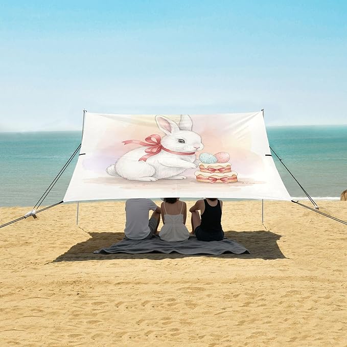 Easter Bunny Beach Canopy Sun Shelter with Sandbags &amp Sand Shovel &amp Windproof Ropes - Portable 110x126 Beach Shade Beach Tent for Camping Picnics