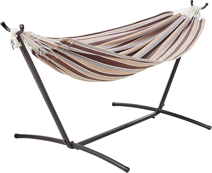 Amazon Basics Double Hammock with 9-Foot Space Saving Steel Stand and Carrying Case 2 Person 450 lb Capacity Cream Wave 110 x 47 x 43