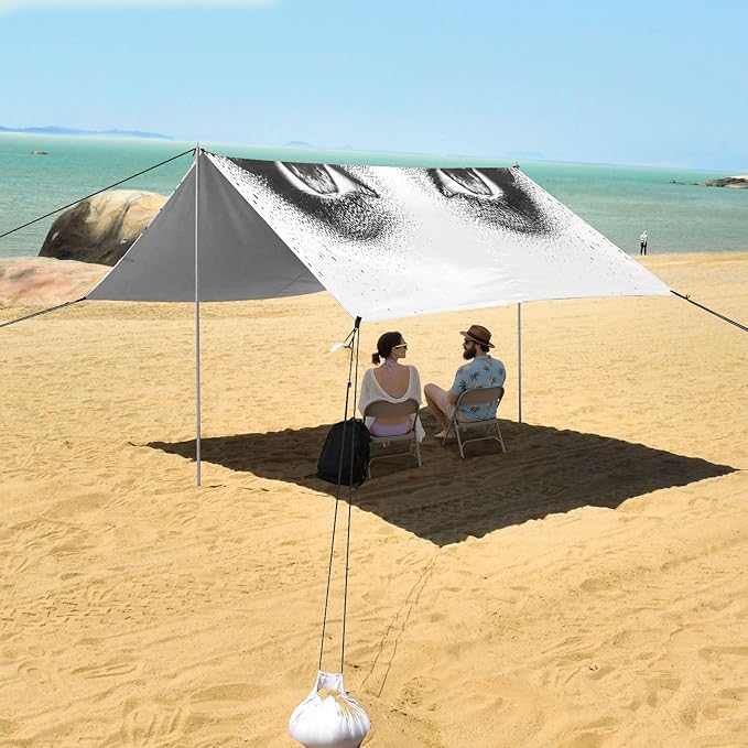 Deep Woman Eyes Black Beach Tent Sun Shelter Set UPF50+ UV Protection 10.5 x 9.19 FT Camping Shade Canopy with Sandbags Sand Anchors Carrying Bag and Others