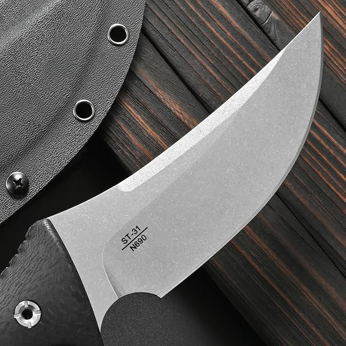 Sitivien ST31 Fixed Blade Knife N690 Stonewashed Steel Blade Carbon Fiber Handle Full Tang EDC Straight Knife for Outdoor Working Camping Hunting Fishing(Silver)