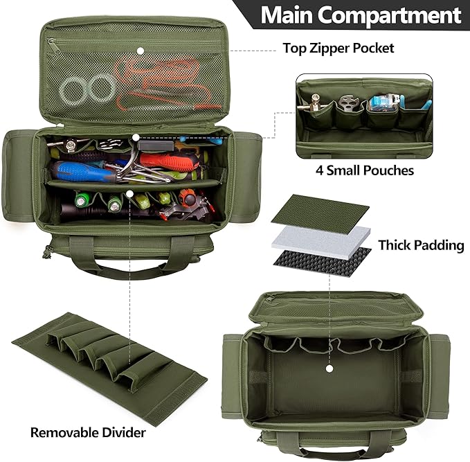 Rexmica Small Tool Bag with Anti-friction and Thick Padded Bottom Tool Storage Organizer for Men Tactical Range Bag Multi-functional Work Bag for Repairman Electrician Carpenters (Green)