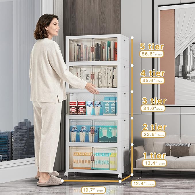 UAMFURI Stackable Storage Bins with Lids 260QT Closet Organizers and Storage with Doors and Wheels Extra Large Storage Cabinet Collapsible Plastic Drawers for Bedroom Dorm Office Garage