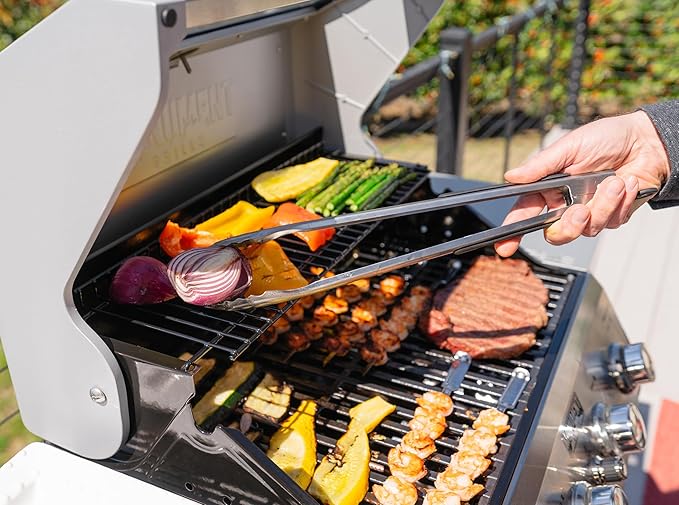 Monument Grills 4-Burner Liquid Propane Gas Grill Silver Stainless Steel Grill Outdoor Patio Garden Barbecue Grill with Clearview® Lid and One Foldable Shelf Mesa400MF