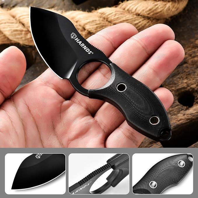 Harnds Small Fixed Blade Knife Full Tang Neck Camping Knife EDC with D2 Steel Blade and G10 Handle for Fishing and Skinning Eggplant