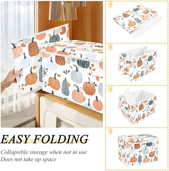 senya Thanksgiving Baskets Collapsible Storage Bins with Lids Fall Adorable Pumpkins Storage Boxes Clothes Baskets for Organizing B06D22020