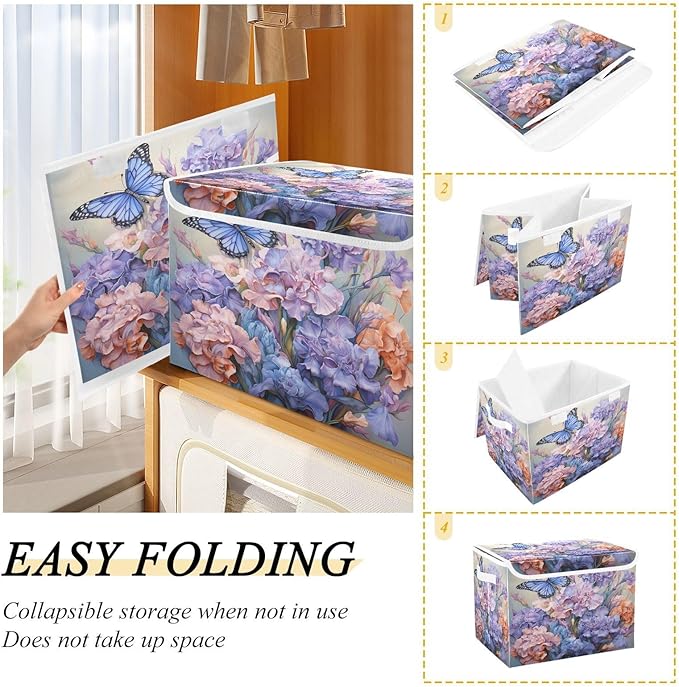 MNSRUU Containers Baskets with Lids Floral Butterfly Foldable Storage Bins Organizer with Lid Collapsible Storage Boxes for Home Bedroom Closet Office