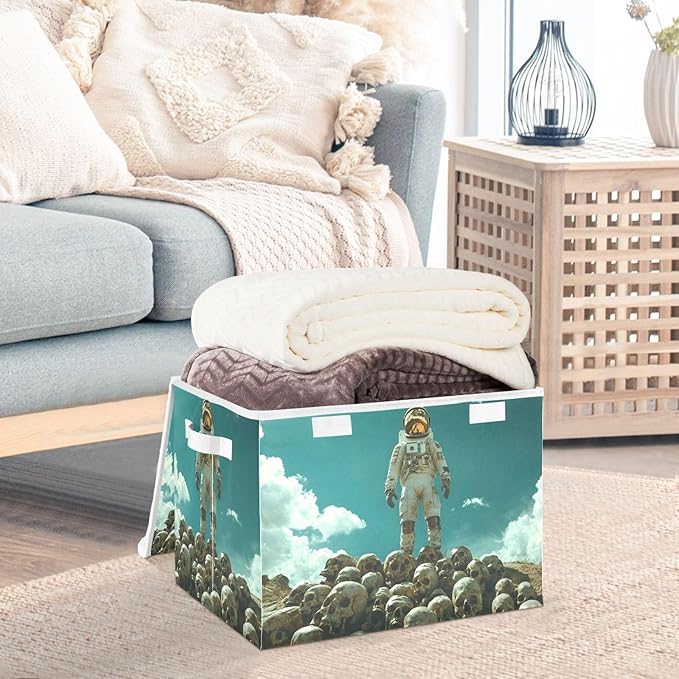 AIXIWAWA Lidded Storage Cube (Skulls Astronauts) Fabric Foldable Closet Bins with Flip Lid and Handles Organizer Basket Container 16.5 x 12.6 x 11.8 IN