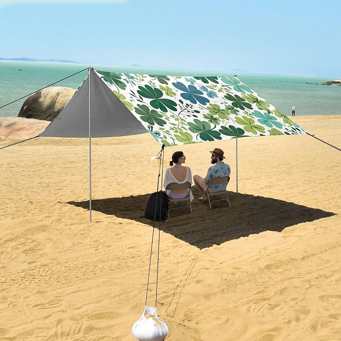 St Patrick's Shamrocks Pattern Beach Tent Sun Shelter Set UPF50+ UV Protection 10.5 x 9.19 FT Camping Shade Canopy with Sandbags Sand Anchors Carrying Bag and Others