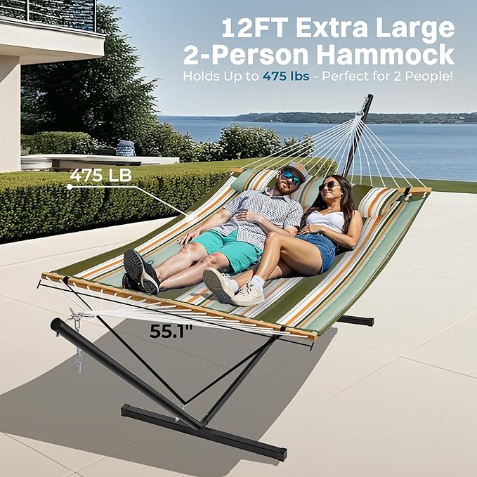SUPERJARE Hammock with Stand 2 Person Quilted Outdoor Hammock Detachable Pillow &amp Bamboo Spreaders Portable Hammock with Carrying Bag Heavy Duty Stand Perfect for Outside Patio Retro Green
