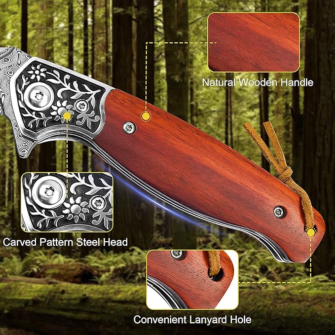 KOMWERO Damascus Pocket Knife VG10 Damascus Steel Folding Knife with Wood Handle Leather Sheath Liner Lock EDC Knife for Outdoor Survival Hunting Collection