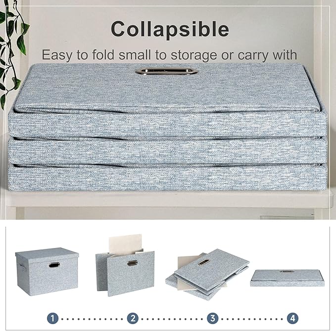 Graciadeco Large 17 36 Quart Collapsible Stackable Storage Bins with Lids 3 Packs Blue-Grey Linen Fabric Closet Boxes with Lids Storage Cube Baskets Container Organizers for Bedroom (17x12x11)