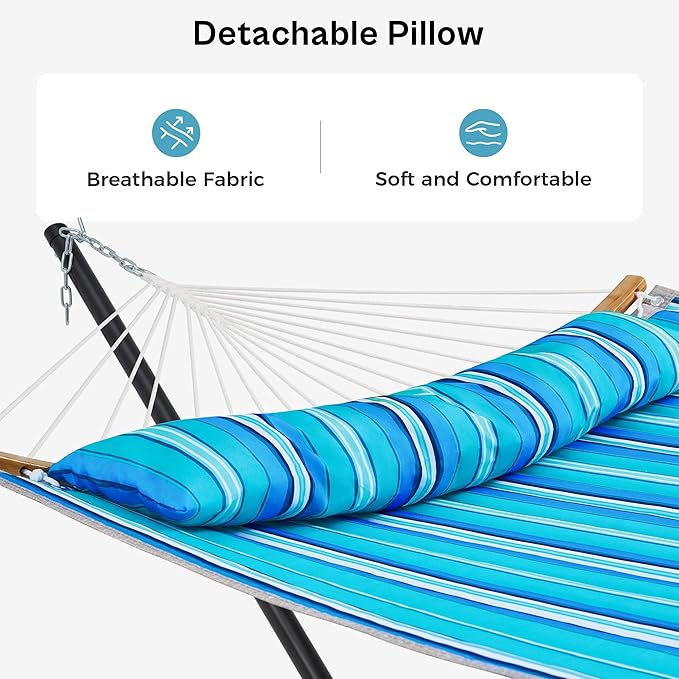 SUPERJARE Hammock with Stand 2 Person Heavy Duty Hammock with Padded Cotton Detachable Pillow &amp Strong Curved-Bar &amp Portable Carrying Bag Perfect for Outdoor &amp Indoor Aqua Blue