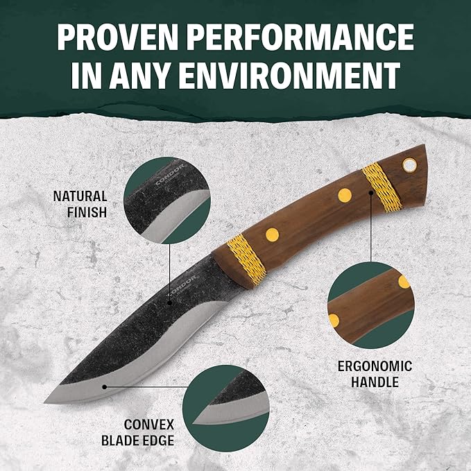 Condor Tool &amp Knife Large Huron Bushcraft Knife - 1095 High-Carbon Steel Blade - Full-Tang Construction - Ergonomic Walnut Handle - Handcrafted Leather Sheath - Ideal for Bushcraft Camping &amp