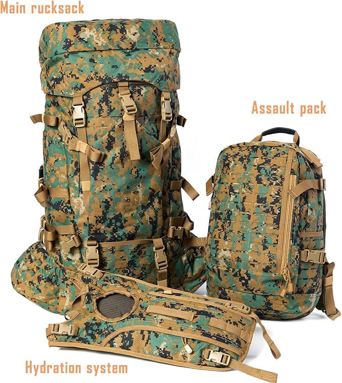 MT Military Army Large Rucksack with Detacheable Assault Backpack Hydration Pack Shoulder Straps and Waist Belt Metal Frame | Detacheable Hydration Pack Shoulder Straps Waist Belt Metal Frame