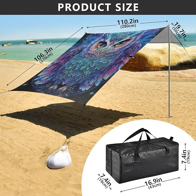 ALAZA Owl Starry Beach Tent Sun Shelter Portable Canopy Sunshade for Outdoor Camping Picnics Backyard Fun 10x9 ft
