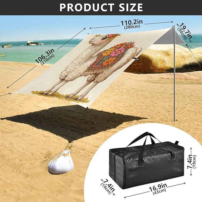 ALAZA Vintage Alpaca Flower Carttoon Beach Tent Sun Shelter Portable Canopy Sunshade for Outdoor Camping Picnics Backyard Fun 10x9 ft