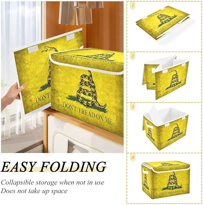 Yellow Snake Don't Tread on Me Flag Storage Bin with Lid Foldable Shoebox Storage Bags for Clothes for Office Supplies