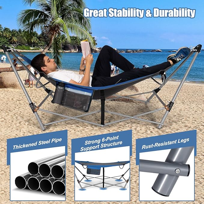 Portable Folding Hammock w/Side Pocket Lounge Camping Bed w/Metal Stand &amp Anti-tip Buckles Outdoor Camping Hammock with Carrying Bag for Patio Garden Yard Easy Assembly (Blue)