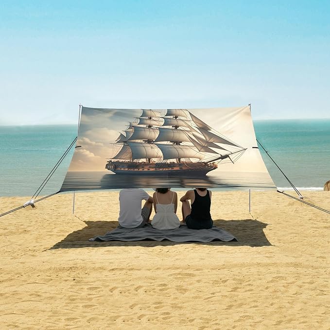 xigua Sailing Boat Beach Tent Sun Shelter with Carrying Bag - Silver Coated Oxford Fabric Beach Canopy for Beach Camping Fishing - Includes Windproof Ropes Sandbags &amp Stakes