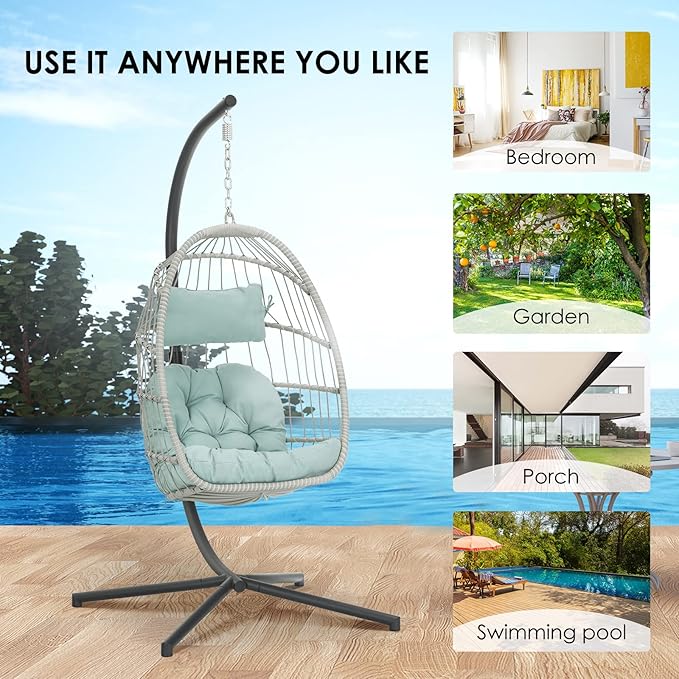 Egg Hanging Chair with Stand Hammock Egg Chair Indoor Outdoor Wicker Rattan Hanging Swing Chair Basket Egg Chair Aluminum Steel Frame and UV Resistant Cushion for Bedroom Garden Backyard Light Blue