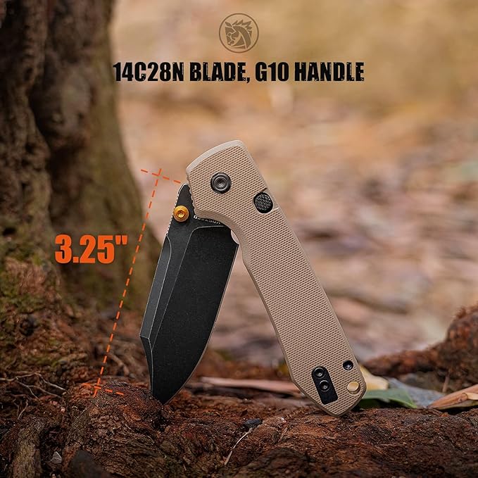 Vosteed Raccoon2.0 Bowie EDC Pocket Knife - 3.25 14C28N Black Stonewash Blade - Top Liner Lock Sand G10 Handle - Surviving Hiking Knives - A2927