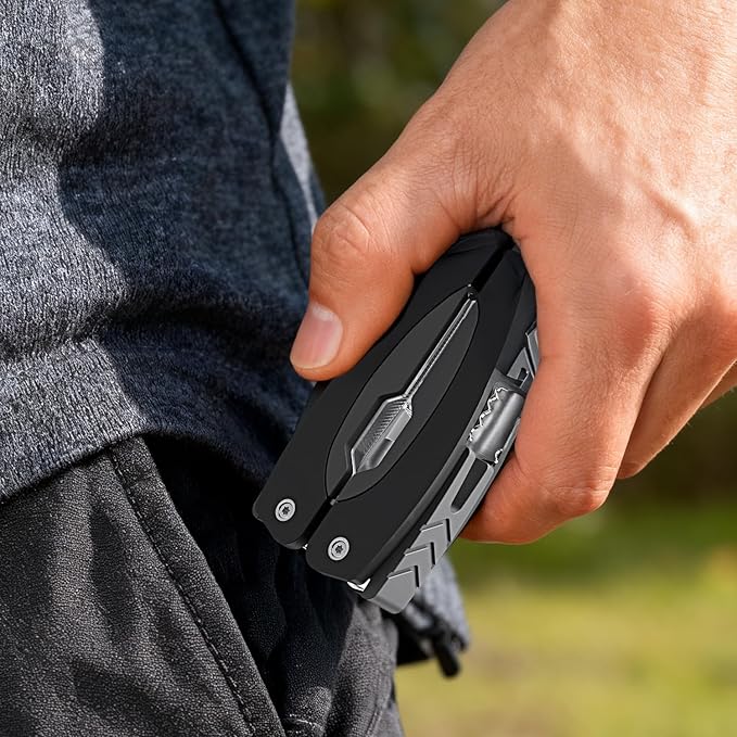 Car and Driver CAD-KH1034 12-in-1 Multitool with LED Flashlight – Stainless Steel USB Rechargeable Compact Folding Pocket Tool with Pliers Screwdrivers Knife Saw &amp More – Portable EDC Tool