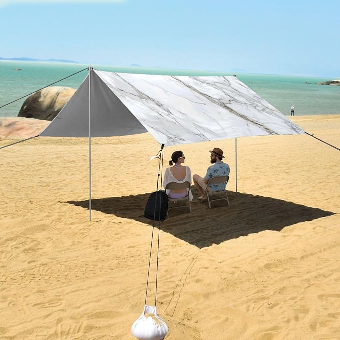 ALAZA White Marble with Hints of Black Pattern Beach Tent Sun Shelter Portable Canopy Sunshade for Outdoor Camping Picnics Backyard Fun 10x9 ft