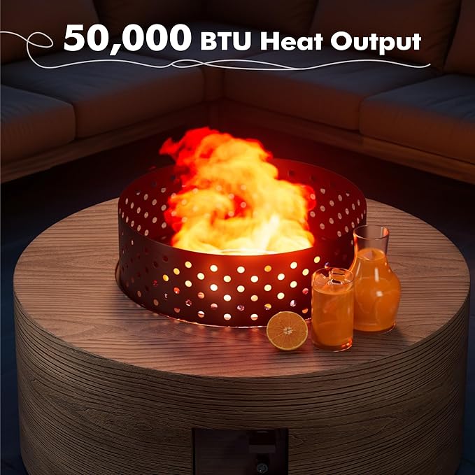30 Round Propane Fire Pit Table - 50K BTU with Lid Rocks Tank Storage and Cover - Round Gas Fire Pits for Outside Patio - Outdoor Table with Firepit (Teak Finish 30 Round)