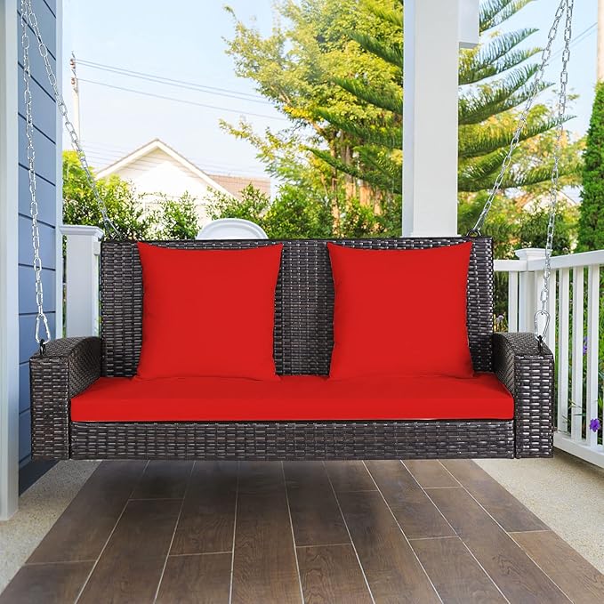 Tangkula 2-Person Wicker Porch Swing Patiojoy Outdoor Rattan Hanging Swing Bench W/ 2 Back Cushions &amp 1 Seat Cushion Sturdy Steel Chain 800lbs Weight Capacity