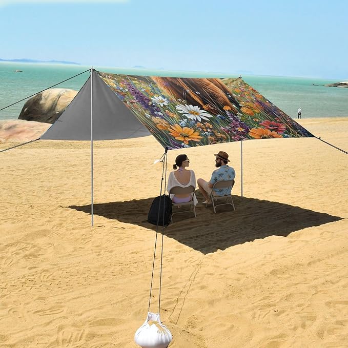 ALAZA Oil Painting Highland Cow Flowers Beach Tent Sun Shelter Portable Canopy Sunshade for Outdoor Camping Picnics Backyard Fun 10x9 ft