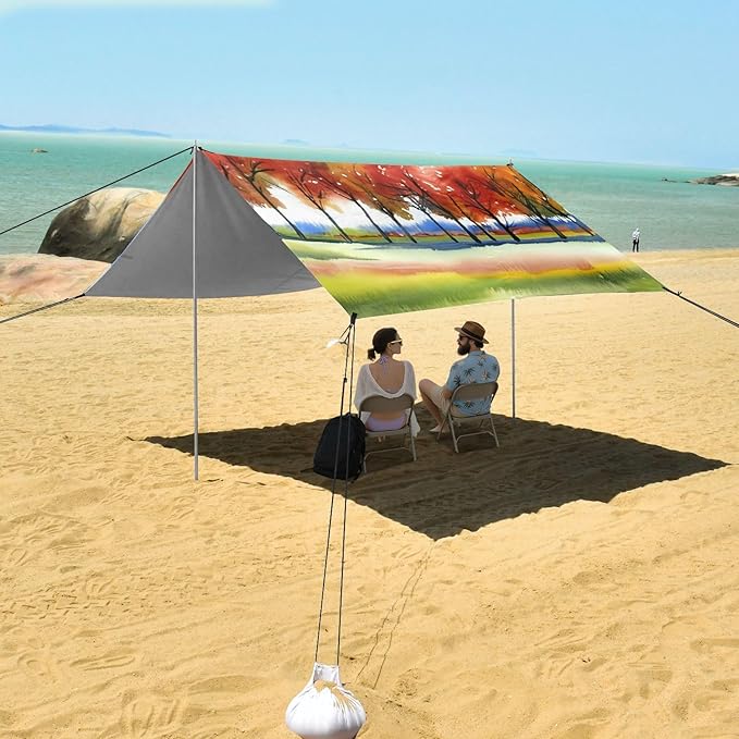 Beach Canopy with Windproof Ropes &amp Sandbags Beach Tent Sun Shade Sun Shelter for Camping Trips Fishing Backyard Fun or Picnics Autumn Landscape
