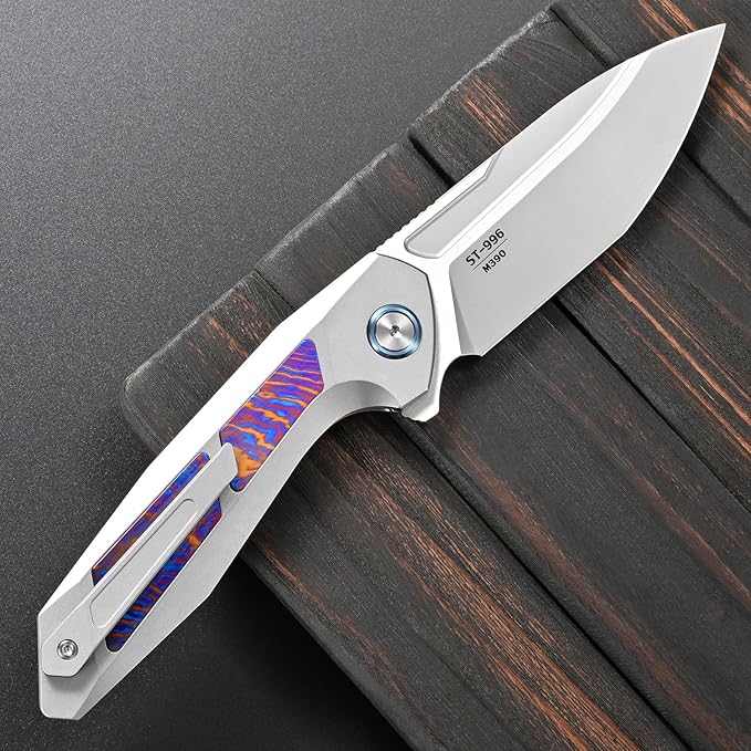 Sitivien ST996 Folding Knife Handmade M390 Pearlescent Polishing BladeTitanium &amp Timascus Handle for Outdoor Camping Hiking Working (Timascus)
