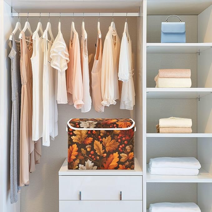 Collapsible Storage Bins with Lids Decorative Fabric Storage Cubes Closet Organizer and Storage Basket Boxes Containers for Clothes Box Chest Nursery Folding Rectangle Fall Maple Leaves