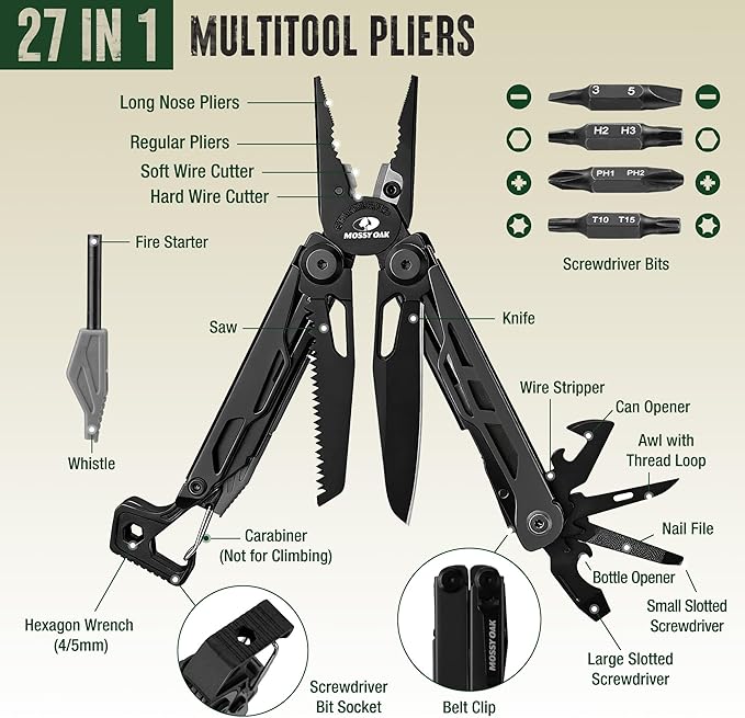 MOSSY OAK CNC-Machined Multitool Pliers 27-in-1 Multi Tool with Pocket Knife Fire Starter &amp Whistle Bottle Opener Screwdriver – Self-Locking Survival Tool for Camping &amp Hiking Black