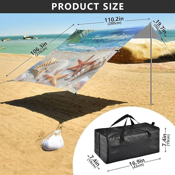 ALAZA Starfish Palm Seashells Summer Beach Sand Beach Tent Sun Shelter Portable Canopy Sunshade for Outdoor Camping Picnics Backyard Fun 10x9 ft