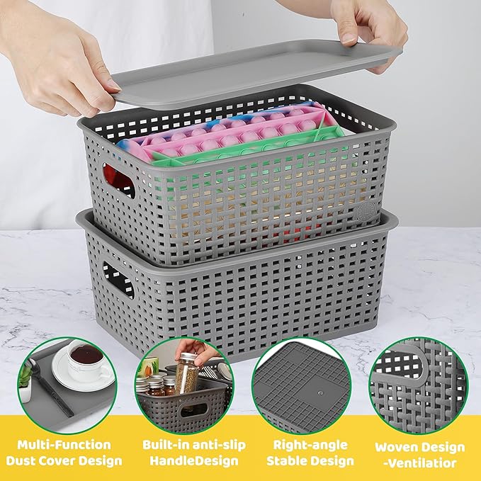 AREYZIN Plastic Storage Baskets Bins With Lid Organizing Container Lidded Knit Storage Organizer Bins for Shelves Drawers Desktop Closet Playroom Classroom Office 6 Pack