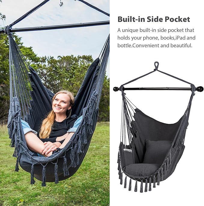 SUNCREAT Hammock Chairs Hammock Chair Swing with Steel Support Bar Side Pocket Large Swing Chair for Bedroom Patio Garden Dark Gray