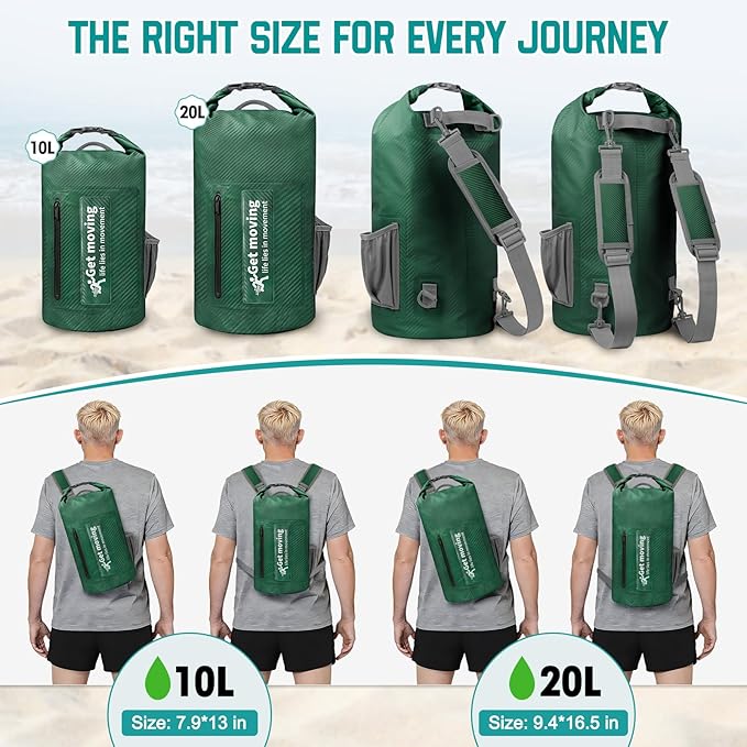 BKNOOU Dry Bag Waterproof Backpack for Women Men 10L/20L Roll Top Lightweight Dry Storage Bag Backpack for Travel Kayaking Boating Rafting Camping Hiking and Beach with Phone Pouch