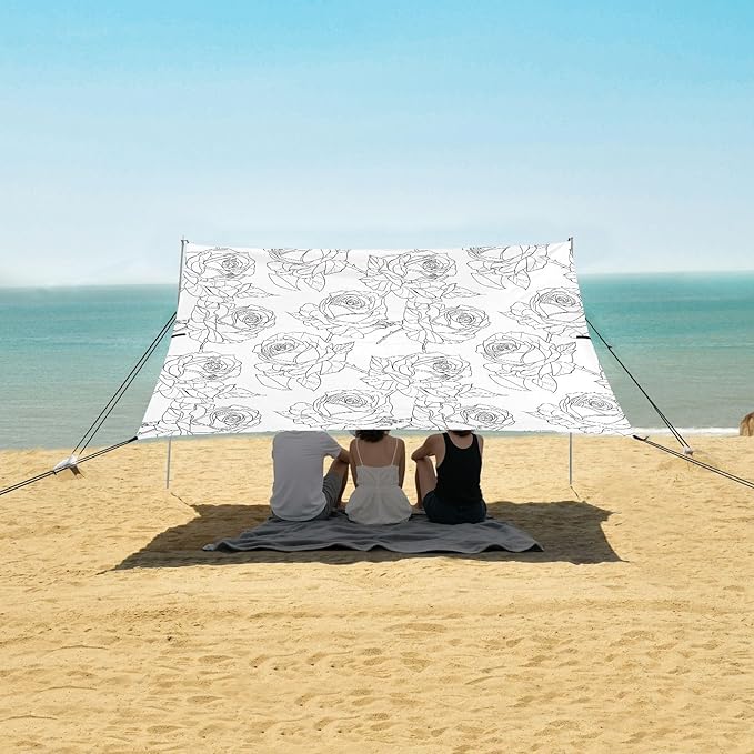 ALAZA Rose Flower Handrawn Beach Tent Sun Shelter UPF50+ Protection Beach Shade Canopy w/ 4 Sandbags for Outdoor Camping Fishing Backyard Fun Picnic 10x9 ft
