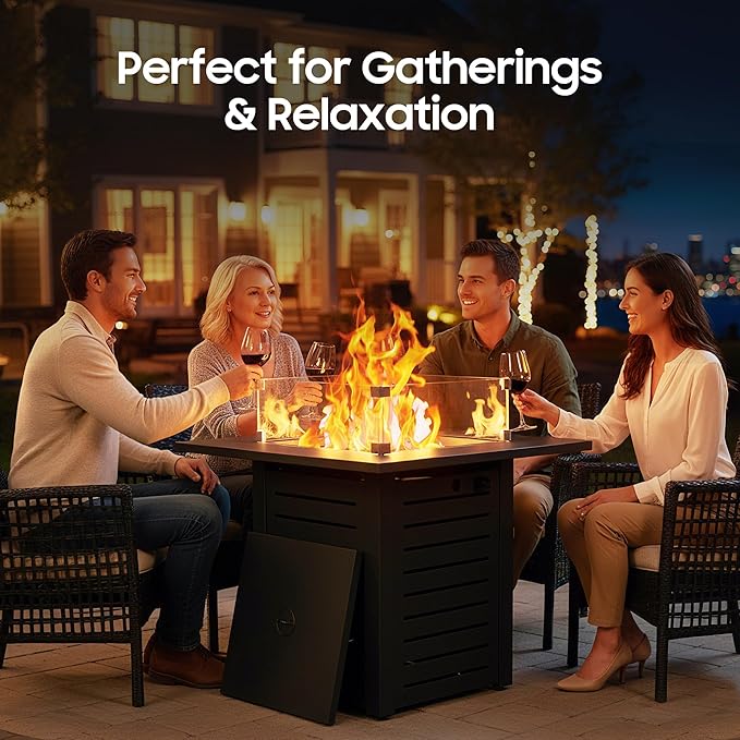 28 Inch Outdoor Propane Fire Pit50000 BTU Gas Fire Pit Table with Steel Lid304 Stainless Steel H-BurnerWind GuardFire Pits for Patio DeckBlack