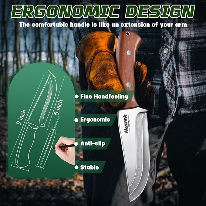 Huusk Bushcraft Knife Fixed Blade Hunting Knives with Leather Sheath 5 Survival Knife Japan Carbon Steel Full Tang Outdoor Camping Knives for Men Dad Present